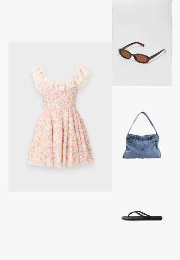 Blommönstrad klänning i krämfärg, med volangärmar, rosa blommor och en utsvängd kjol. Tillverkad av ett lätt tyg.; Svart flip-flop med en texturerad gummisula, två slanka remmar och en subtil, präglad logodetalj på remmen.; Runda, bruntonade solglasögon med en glansig bordeauxfärgad ram. Smala bågar med subtilt varumärkesdetalj. Platt linsdesign.; Denimaxelväska med en böjd rem, två frampocket och en knäppt topp, med ljusblått tyg och kontrasterande sömdetaljer.