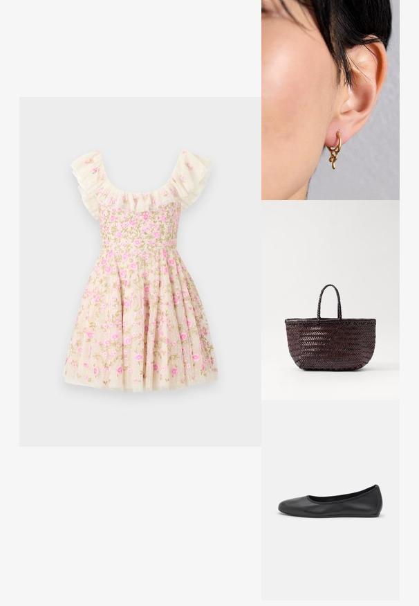 Vestido bordado floral en color crema, con mangas rizadas, flores rosas y una falda acampanada. Fabricado con una tela ligera.; Bailarina de piel negra con punta redondeada, textura suave, detalle de costura minimalista y diseño de suela flexible.; DRAGON DIFFUSION BAMBOO TRIPLE JUMP SMALL - Bolso de mano - dark brown; Pendiente de aro dorado con un diseño orgánico y fluido que presenta acentos texturizados y un acabado suave, llevado en una oreja perforada.