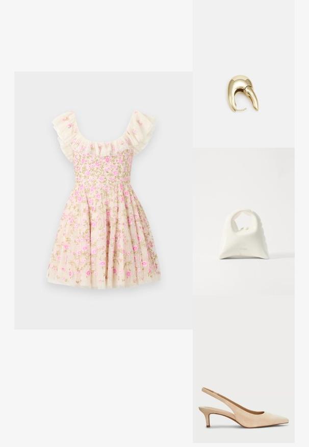 Krmivá vyšívaná šaty v krémové barvě, s volánkovými rukávy, růžovými květinami a rozšířenou sukní. Vyrobeno z lehké látky.; Lauren Ralph Lauren LOLAH II SUEDE SLINGBACK PUMP - Klasické lodičky - sand dune; Bílá kabelka s texturovaným, zakřiveným designem. Má výraznou rukojeť a zaoblené dno, s hladkým povrchem a minimem kovových doplňků.; Náušnice ve zlatém tónu z kovu s elegantním zakřiveným designem. Vyznačují se jedinečným špičatým tvarem, lesklým povrchem a závěsem na kloub.