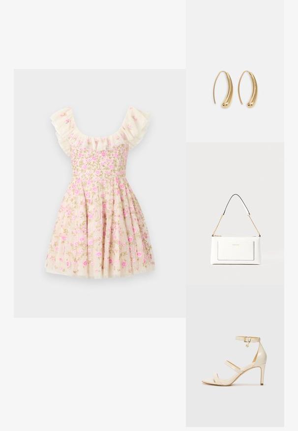 Krmivá vyšívaná šaty v krémové barvě, s volánkovými rukávy, růžovými květinami a rozšířenou sukní. Vyrobeno z lehké látky.; Béžové sandály na vysokém podpatku s tenkým páskem přes kotník a dvěma horními pásky. Lesklý lakový povrch a zlaté detaily na pásku kolem kotníku.; Bílá kožená kabelka s texturovaným povrchem, zdobená zlatým řetízkem a černými akcenty. Obsahuje přední kapsu a uzavírání na zip.; Náušnice ve tvaru kruhu z pozlaceného kovu s vroubkovaným, prodlouženým tvarem. Mají hladký, lesklý povrch a zaoblený konec pro zvýraznění detailu.