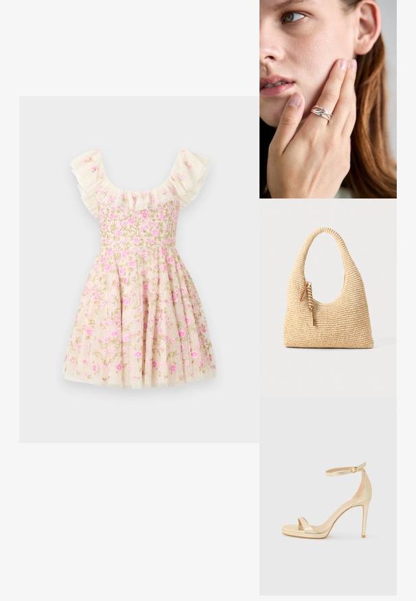Vestido bordado floral en color crema, con mangas rizadas, flores rosas y una falda acampanada. Fabricado con una tela ligera.; Sandalia de tacón alto metálica dorada con punta abierta, correa en el tobillo con hebilla y suela de plataforma para mayor altura. Textura suave.; Bolso de mano tejido en color beige con un asa curva, superficie texturizada y un detalle de borla marrón. Presenta una forma holgada de tipo hobo.; Anillo de plata con un diseño entrelazado, que presenta secciones suaves y texturizadas. Se lleva en una mano que toca la cara, mostrando un elaborado trabajo artesanal.