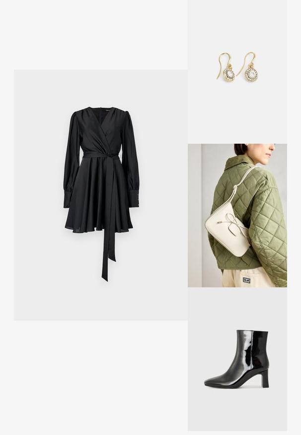 Černé zavinovací šaty s dlouhými rukávy, měkkou saténovou texturou, přiléhavým tělem, rozšířenou sukní a odpovídajícím páskem na zavazování. Knoflíkové detaily na manžetách.; Černé lakované kotníkové boty s špičatou špičkou a středně vysokým blokovým podpatkem. Hladká textura a minimalistický design.; Béžová kožená křížová taška s detaily mašle, zlatými doplňky a jedním nastavitelným popruhem, nošena přes zelenou prošívanou bundu.; Náušnice ve zlatém tónu s oválnými průhlednými krystaly obklopenými menšími průhlednými kameny, se zapínáním na háček pro bezpečné nošení.