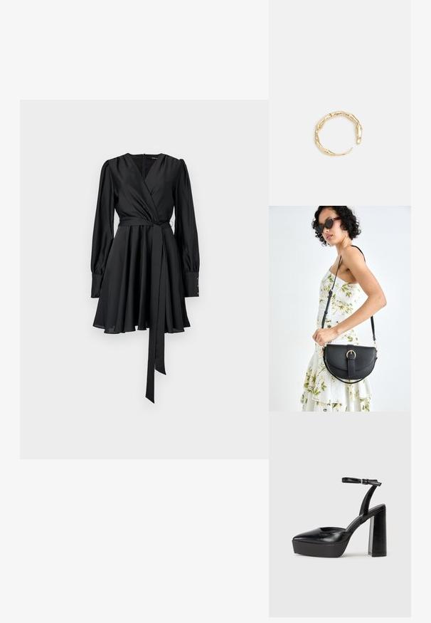 Čierne obliekanie s dlhými rukávmi, mäkká saténová textúra, priliehavá sukňa, rozšírená sukňa a zodpovedajúci opasok na viazanie. Gombíkové akcenty na manžetách.; Čierne platformové podpätky so špicatou špičkou a nastaviteľným členkovým remienkom. Vyrobené z hladkej kože a so robustným blokovým podpätkom.; Čierna kožená kabelka s zaobleným tvarom, odnímateľným popruhom a zlatými doplnkami. Kabelka má klopu s detailom s prackou.; Prsteň v zlatej farbe s organickým, skrúteným dizajnom, hladkým povrchom a zužujúcimi sa koncami, vytvárajúci moderný, sochársky vzhľad.