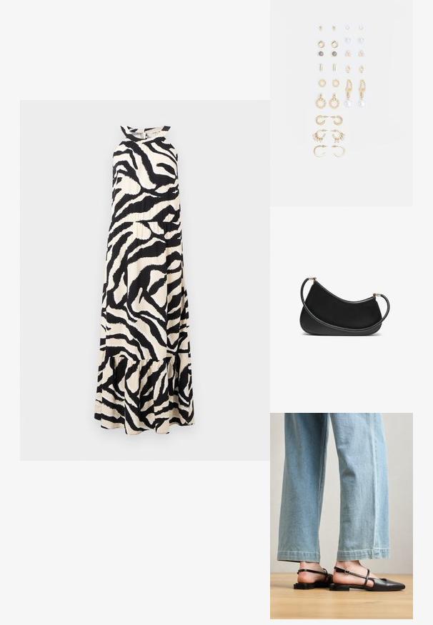 Hosszú, nyakban megköthető ruha könnyű anyagból, fekete és krém csíkozott zebra mintával, réteges fodros szegéllyel.; Fekete bőr szandálcipők hegyes orral, lapos sarokkal és bokapánttal; világoskék, bő szárú farmerrel viselve.; Fekete bőr válltáska ívelt dizájnnal, texturált pánttal és aranyszínű hardverelemekkel a felső záráson. Simára finomított felület.; Arany tónusú fülbevalók szettje, amely különféle mintákat tartalmaz, beleértve a stift fülbevalókat, karikákat és gyöngyökkel és strasszokkal díszített hosszú fülbevalókat.