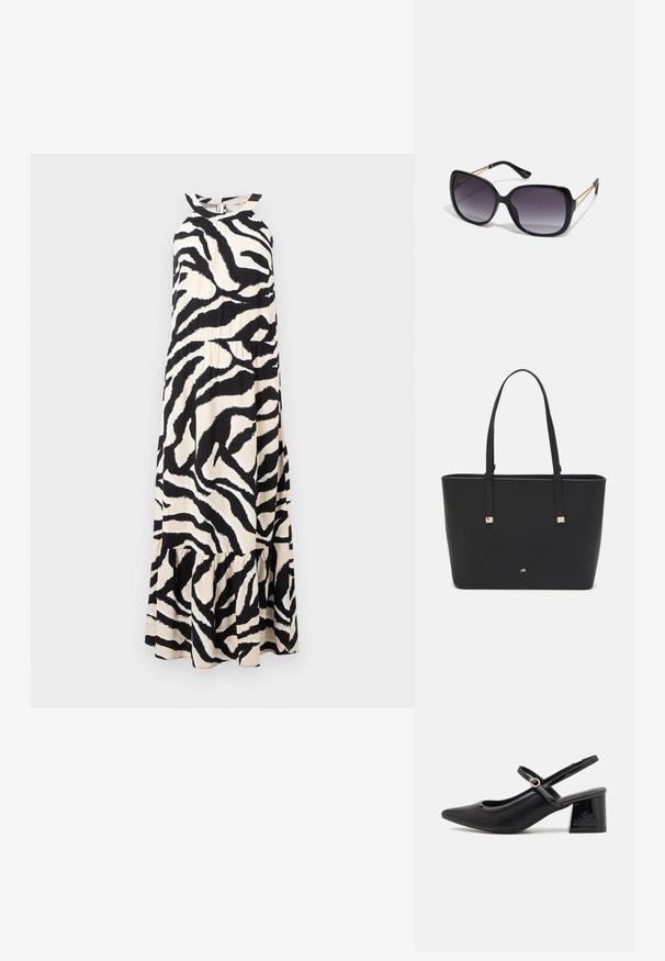Długa sukienka na szyję z lekkiego materiału, z czarno-kremowym wzorem w zebrę, z warstwowym falbankowym dołem.; Czarne lakierowane czółenka na słupku ze spiczastym noskiem, lekko zaokrąglonym wycięciem i obcasem w kształcie bloku. Posiadają złotą klamrę jako akcent dekoracyjny.; Czarne oversize okulary przeciwsłoneczne z gradientowymi soczewkami, grubymi oprawkami i złotym łańcuszkiem na ramionach.; Czarna torba typu tote wykonana z materiału syntetycznego, z prostym prostokątnym wzorem, złotymi kwadratowymi akcentami i podwójnymi uchwytami.
