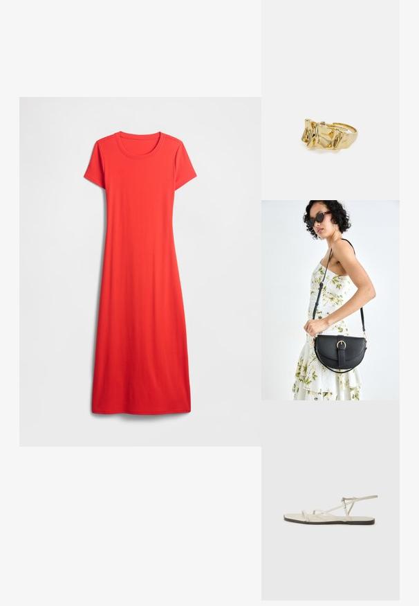 Crvena haljina kratkih rukava, do koljena, izrađena od glatkog materijala s okruglim izrezom i opuštenim krojem. Jednostavan dizajn u jednobojnoj izvedbi.; Bež sandala na ravnom potplatu s više tankih trakica i podesivom kopčom. Potplat je ravan s blagim tamnim kontrastom na rubu.; Crna kožna torba s lukovitim oblikom, odvojivim remenom i zlatnim detaljima. Torba ima preklop s kopčom.; Zlatni prsten s teksturiranim, valovitim dizajnom koji ima tri istaknuta vrha. Glatka, sjajna površina s otvorenom trakom za podešavanje veličine.