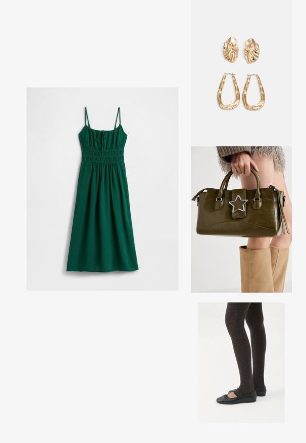Grön klänning i strukturerad tyg, med justerbara spaghettiband och smockad byst, som övergår i en veckad kjol.; Svarta platta skor med en liten rosett vid tån, i kombination med mörkbruna ribbade strumpbyxor. Skorna har en slät yta och låg profil.; Olivgrön konstläderhandväska med silverstjärna som accent, dubbla handtag och dragkedjestängning. Texturerad yta och strukturerad form.; Örhängen i guldton med texturerade, vågiga former. Inkluderar skulpturala clip-on-stift och öppen hoop-design med hamrad finish.