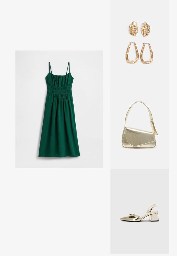 Rochie verde dintr-un material texturat, cu bretele ajustabile tip spaghetti și un corp smocat, care se transformă într-o fustă plisată.; Pantofi cu toc slingback metalici aurii, cu vârf ascuțit și toc chunky. Textură netedă, design minimalist și o curea subțire.; Geantă de umăr metalică aurie cu un design structurat, textură netedă și curea reglabilă. Prezintă o formă triangulară unică și cusături minimaliste.; Cercei aurii cu forme texturate și ondulate. Include studs sculpturale cu clip și un design de cerc deschis cu un finisaj cioplit.