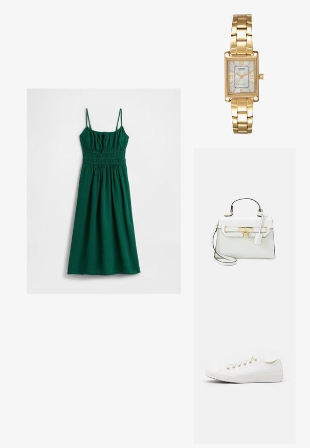 Zelené šaty vyrobené z texturované tkaniny, s nastavitelnými ramínky a nabíranou vrchní částí, plynule přecházející do nabírané sukně.; Converse CHUCK TAYLOR ALL STAR - Tenisky - vintage white/light gold; Bílá kabelka s krokodýlí texturou, zlatou kovovou bižuterií, horním uchem a odnímatelným ramenním popruhem; obsahuje zámkové zapínání a minimalistický design.; Zlatý obdélníkový náramkový hodin s bílým ciferníkem, stříbrnými indexy a odolným kovovým náramkem. Obsahuje voděodolnou funkci.