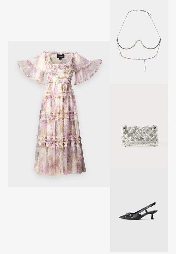 Needle & Thread WISTERIA FANTASY SMOCKED GOWN - Alkalmi viselet - exclusive moonshine; Fekete bőr slingback cipő hegyes orral, dekoratív pántokkal, fém szemekkel és alacsony blokk sarkú. Texturált felület.; Ezüst színű fémes kézitáska lánckarral, steppelt textúrával, díszített varrással és cipzáros záródással. A fonákján domború részletek találhatók.; Cult Gaia ASHA BODY JEWELRY - Egyéb tartozékok - bright shiny silver-coloured