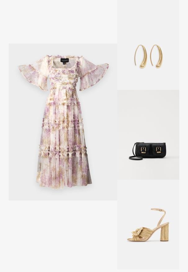 Needle & Thread WISTERIA FANTASY SMOCKED GOWN - Occasion wear - exclusive moonshine; Gold heeled sandals with a knotted front, pleated texture, and an ankle strap. The block heel has a ribbed design, enhancing grip.; Black leather crossbody bag with two front pockets, gold buckles, zipper closure, and a slim strap. Textured surface and compact rectangular shape.; Gold-tone metal hoop earrings with a curved, elongated shape. Features a smooth, shiny surface and a rounded tip for added detail.