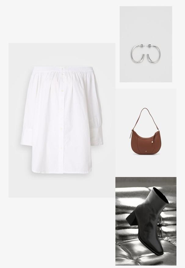 Cămașă albă, cu umerii descoperiți, cu guler plisat, închidere cu nasturi și mâneci lungi tip bufantă; realizată dintr-un material ușor din bumbac.; Cizme negre până la gleznă, realizate dintr-un material lucios, cu vârf pătrat și toc conic, plasate pe un fundal strălucitor de argint, cu un model tuftat.; Geantă de umăr din piele ecologică maro, cu o formă curbată, cusături minime și un accent din metal auriu. Are un închidere cu fermoar în partea de sus și o curea ajustabilă.; Cercei rotunzi din argint cu un finisaj neted și strălucitor. Design ușor, având o formă rotundă și închidere cu tijă.