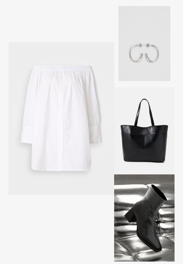 Valge, õlavarrelt avatud pluus, millel on smockitud kaelus, nööbiga kinnitamine ja pikad puhv-õlavarred; valmistatud kergest puuvillases kangast.; Must musta narmand, läikiva materjali ja ruudukujulise varbaga ning kitseneva kontsaga, paigutatud läikiva hõbedaselt tuftitud tausta ette.; Must mustaga musta nahast, millel on kaks pikka kanda, sile tekstuur ja struktureeritud kuju. Esipoolsel on lisakoti jaoks tasku.; Hõbedased rõngaskõrvarõngad, millel on sile ja läikiv pind. Ümar kuju, kerge disain, millel on post-tagumise kinnituse süsteem.