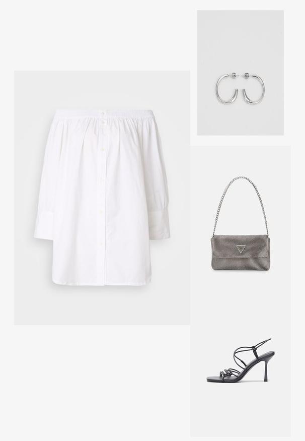Camicia bianca scollata sulle spalle con colletto arricciato, chiusura a bottoni e maniche lunghe a sbuffo; realizzata in tessuto di cotone leggero.; Sandali neri con tacco alto presentano sottili cinturini con design annodato, una punta quadrata liscia e un elegante tacco a spillo.; Borsa a mano metallica grigia chiara con tracolla a catena, impreziosita da piccoli chiodi metallici circolari e da un logo triangolare del marchio.; Orecchini a cerchio in argento con una finitura liscia e lucente. Forma arrotondata, design leggero, con chiusura a perno.