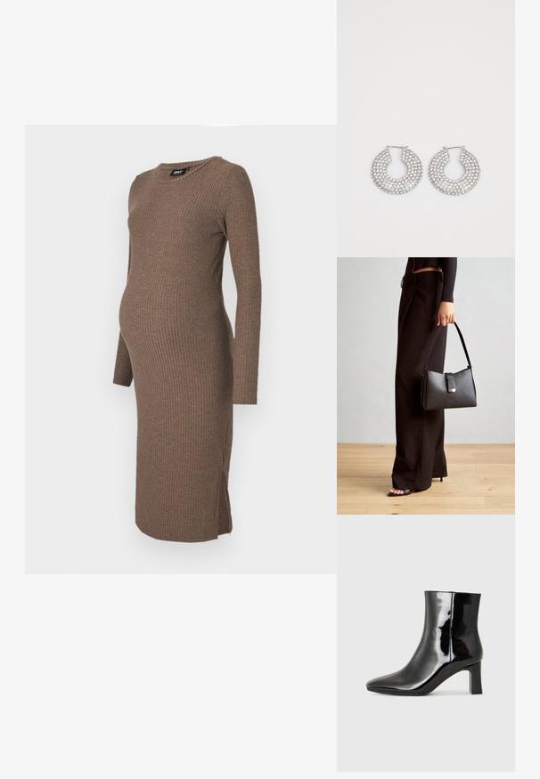 Trudna haljina od pletene tkanine u smeđoj boji, sa dugim rukavima, prilagođenim krojem, rebrastom teksturom i bočnim prorezom za udobnost.; Crne lakirane kožne gležnjače s šiljastim prstom i srednje visokom blok petom. Glatka tekstura i minimalistički dizajn.; Crna torba s oblikom koji sadrži strukturu, glađu teksturu i metalnu kopču. Uparena s širokim crnim hlačama i sandalama na otvorenom s drvenog poda.; Srebrne kružne naušnice ukrašene brojnim čistim kristalnim detaljima, s teksturiranom površinom i otvorenim kružnim dizajnom.