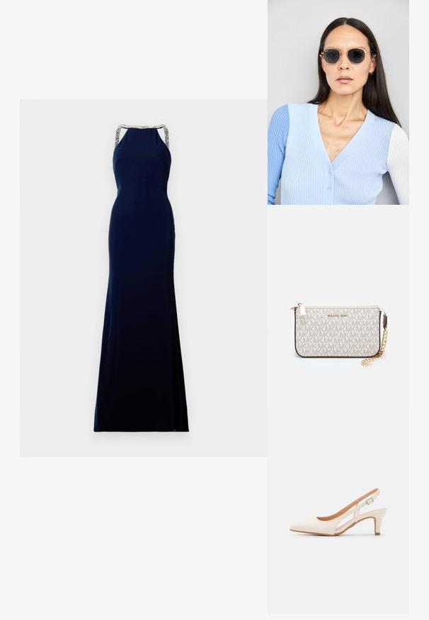 Marinblå ärmlös klänning med en figurnära silhuett, med pärlade detaljer på axelbanden och en golvlång nederkant.; Vit slingbackklack med spetsig tå, slät ovandel, låg blockklack och sidoutskärning med justerbar spänne.; Runda solglasögon med mörka linser och guldramar. Modellen bär en ljusblå, ribbad cardigan med knappar och kontrasterande vita ärmar.; Michael Kors handledos i beige belagd kanvas med ett upprepande MK-logomönster, gyllene detaljer och ett avtagbart kedjehandtag.