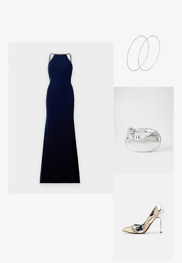 Navyblaues ärmelloses Kleid mit taillierter Silhouette, verziert mit Perlenakzenten an den Trägern und einem bodenlangen Saum.; Spitz zulaufender High-Heel-Schuh in einer Farbgestaltung aus Silber, Gold und Nude. Glänzende Oberfläche mit Ausschnittdesign und stiletto Absatz.; Silberne metallic Pouch-Tasche mit einer sanften, abgerundeten Form und einem geknoteten Verschluss oben. Hergestellt aus glattem Kunstleder.; Silberne Creolen mit minimalistischem Design. Rundform, glatte Oberfläche und dünnes Profil. Leichtgewichtig mit hochglänzender Oberfläche.
