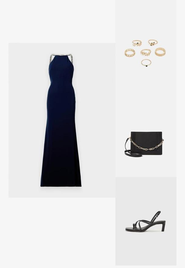 Rochie fără mâneci de culoare bleumarin, cu o siluetă ajustată, având accente cu mărgele pe bretelele umerilor și o margine până la podea.; Sandal cu barete negre, cu vârf pătrat și toc mic de bloc. Prezintă mai multe barete subțiri și o bareta ajustabilă la gleznă. Fabricat din piele netedă.; Geantă de umăr din piele neagră, cu o textură netedă, formă rectangulară și un detaliu din lanț metalic în față. Include curea reglabilă.; Set de șase inele aurii cu diferite designuri: împletite, cu motive de frunze și benzi solide; unele cu accente de pietre prețioase verzi.