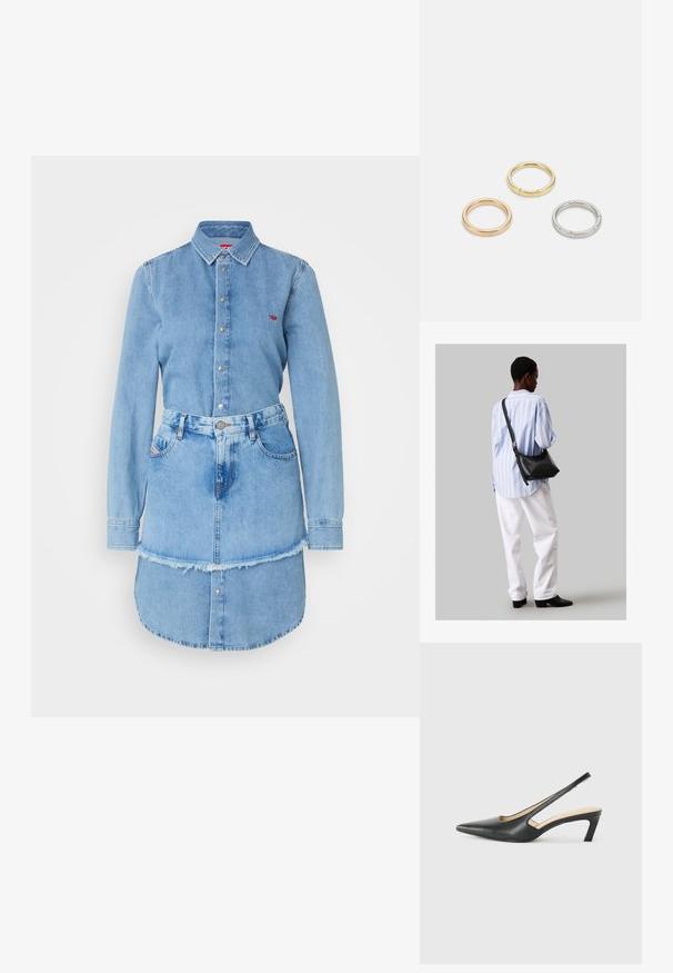 Gai zila džinsa kleita ar pogu aizdari, garām piedurknēm un šķībs hem, ar pieguļošu jostas vietu un sānu kabatām.; Melna, ar smailu purngalu, slingback kurpe ar zemu papēdi, izgatavota no gludas ādas materiāla un ar izgriezumiem sānos gaisa caurlaidībai.; Melna ādas plecu soma ar mīkstu tekstūru, trīsstūra formu un regulējamu siksnu, apvienota ar gaiši zilu svītrotu krekli un baltām biksēm.; Trīs metāla gredzeni: viens rozā zeltā, viens zeltā ar teksturētiem akcentiem un viens sudraba, visiem ar iegravētām zīmola atzīmēm iekšējā joslā.