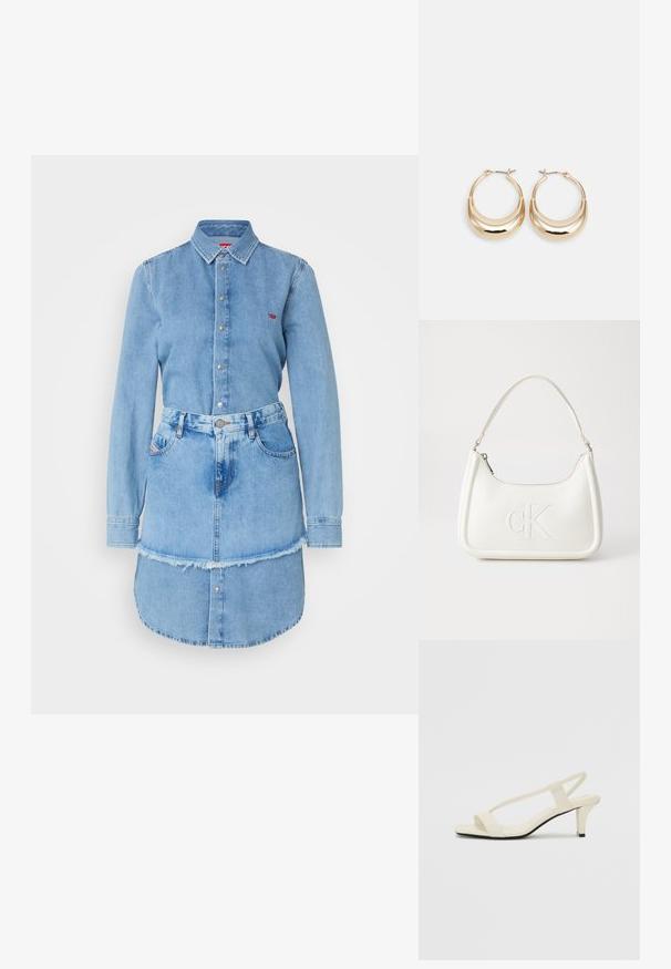 Robe en denim bleu clair avec un devant à boutons, des manches longues et un ourlet effiloché, avec une taille cintrée et des poches latérales.; Sandales beiges à talons carrés avec des fines brides et un bout carré. Matière lisse avec des détails minimaux, conçues pour un port facile.; Sac à main en cuir blanc avec une forme courbée, arborant un logo "CK" embossé à l'avant et une seule bandoulière. Fermeture à glissière en haut.; Boucles d'oreilles créoles dorées en forme de croissant, avec une surface polie et un fermoir à charnière. La texture lisse et la finition réfléchissante améliorent la visibilité.