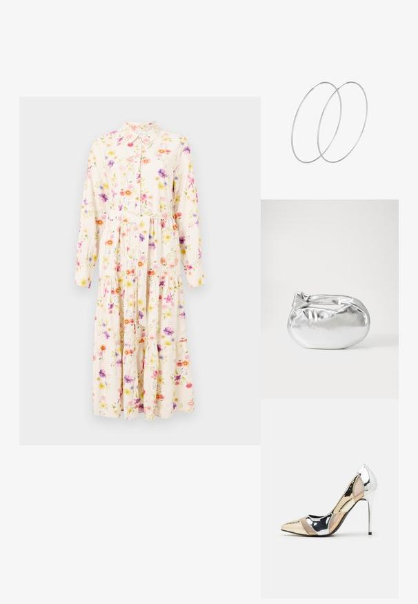 Cvečne obleke z dolgimi rokavi, ovratnikom, gumbastim sprednjim delom in plastovitim krilom. Tkanina vsebuje pastelni cvečni vzorec na kremni podlagi.; Čevlji z visoko peto in konico, v barvni kombinaciji srebrne, zlate in nude. Sijajna obdelava z izrezljanim dizajnom, z igličasto peto.; Srebrna kovinska torbica z mehko, zaobljeno obliko in zavezano zgornjo zaporo. Narejena iz gladkega umetnega usnja.; Srebrne uhane v obliki obroča z minimalističnim dizajnom. Krožna oblika, gladka tekstura in tanek profil. Lahki s poliranim zaključkom.