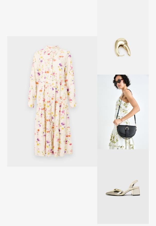 Cvečne obleke z dolgimi rokavi, ovratnikom, gumbastim sprednjim delom in plastovitim krilom. Tkanina vsebuje pastelni cvečni vzorec na kremni podlagi.; Zlati, kovinski slingback čeveljci z ostrim nosom in masivnim peto. Gladka tekstura, minimalistična zasnova in ozka zanka.; Črna usnjena torbica s ukrivljeno obliko, z odstranljivo naramnico in zlatimi dodatki. Torbica ima pokrov s podrobnostmi v obliki zaponke.; Uhane nakit iz zlatastega tona z gladko, ukrivljeno zasnovo. Ima edinstveno koničasto obliko, polirano površino in zaponko s tečajem.