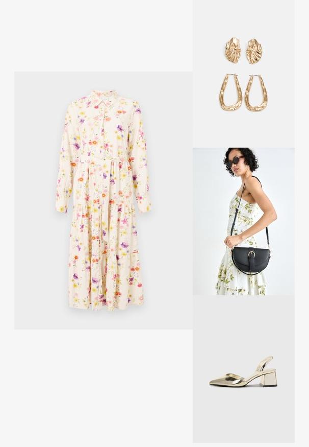 Vestido floral com mangas longas, gola, frente abotoada e saia em camadas. O tecido apresenta um padrão floral pastel sobre um fundo creme.; Sapatos de salto alto metálicos dourados, com biqueira em ponta e salto grosso. Textura suave, design minimalista e uma tira estreita.; Bolsa de couro preta com forma curva, alça destacável e detalhes em dourado. A bolsa possui uma aba com detalhe de fivela.; Brincos em tom de ouro com formas onduladas e texturizadas. Inclui studs escultóricos com presilha e um design de argola aberta com um acabamento martelado.