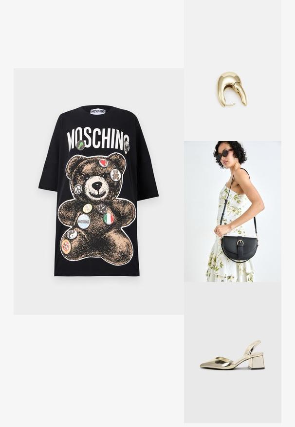 Črna majica s kratkimi rokavi, na kateri je velik grafični motiv rjavega medvedka, okrašen z različnimi okroglimi nalepkami in z besedo "MOSCHINO" v pisanih belih črkah.; Zlati, kovinski slingback čeveljci z ostrim nosom in masivnim peto. Gladka tekstura, minimalistična zasnova in ozka zanka.; Črna usnjena torbica s ukrivljeno obliko, z odstranljivo naramnico in zlatimi dodatki. Torbica ima pokrov s podrobnostmi v obliki zaponke.; Uhane nakit iz zlatastega tona z gladko, ukrivljeno zasnovo. Ima edinstveno koničasto obliko, polirano površino in zaponko s tečajem.