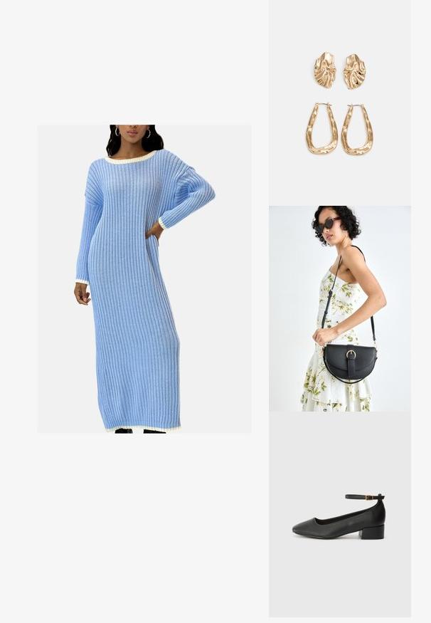 Hellblaues Strickkleid mit Rippenstruktur, weiter Ausschnitt und weißem Besatz an Ärmeln und Saum, mit lockerem Sitz.; Schwarze Lederpumps mit spitzem Zehenbereich und niedrigem Blockabsatz. Mit einem Knöchelriemen und einer goldfarbenen Schnalle. Glatte Textur.; Schwarze Lederhandtasche mit geschwungener Form, abnehmbarem Tragegurt und goldenen Beschlägen. Die Tasche verfügt über einen Deckel mit einer Schnallen-Details.; Ohrringe in Goldoptik mit strukturierten, gewellten Formen. Beinhaltet skulpturale Clip-Ohrringe und ein offenes Hoop-Design mit gehämmertem Finish.