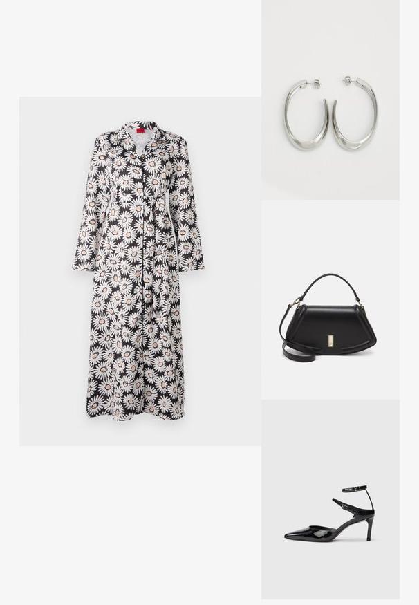 Robe longue à motif floral noir avec des marguerites blanches et des accents orange, présentant de longues manches, un col et une taille à nouer. Texture de tissu lisse.; Talons en cuir verni noir avec un bout pointu, des sangles de cheville ajustables et un talon fin. Texture lisse avec une finition brillante.; Sac à main en cuir noir avec un design structuré, featuring une forme cropped, une poignée supérieure et des accents en matériel doré. Bandoulière réglable incluse.; Boucles d'oreilles en argent avec un design lisse et courbé. Présentent une finition métallique brillante et une fermeture à clou. Pas de motifs ou d'accents visibles.
