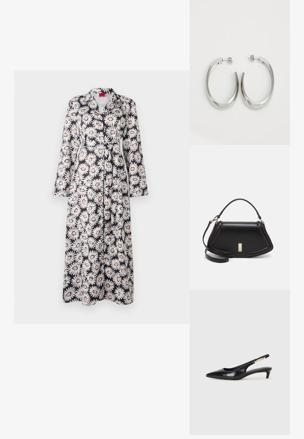 Melnu ziedu rakstu garais halāts ar baltajiem margrietiņām un oranžiem akcentiem, ar garām piedurknēm, apkakli un saites jostu. Gluda auduma tekstūra.; Melnas ādas slingback zābaki ar smailu purngalu, ar šauru papēdi un zelta krāsas akcentu uz regulējama siksniņas. Gluda tekstūra.; Melnas ādas roku soma ar struktūru, ar īsu formu, augšējo rokturi un zelta aksesuāriem. Iekļauta regulējama plecu siksna.; Sudraba riņķveida auskari ar gludu, izliekta dizaina formu. Iezīmējas ar spīdīgu metāla apdari un pievienojamu aizdari. Nav redzamu rakstu vai akcentu.