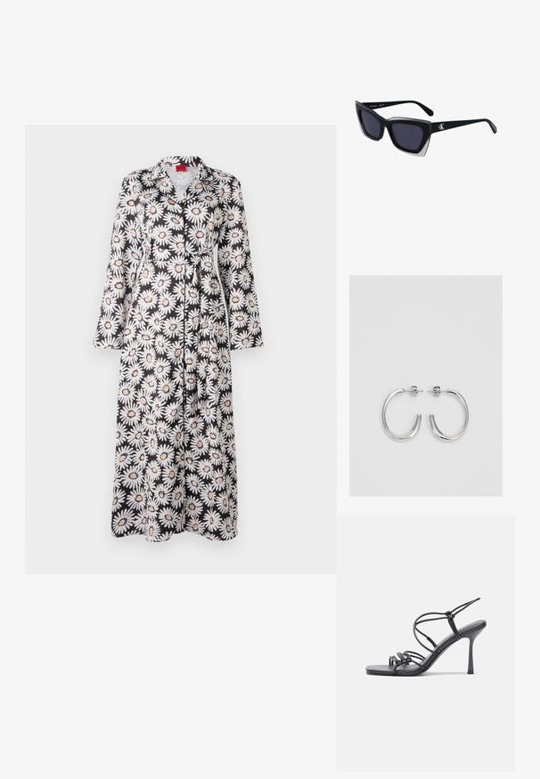 Dolga halja s cvetličnim vzorcem v črni barvi z belimi marjeticami in oranžnimi poudarki, z dolgimi rokavi, ovratnikom in zavezanjem v pasu. Gladka tekstura tkanine.; Črne visoke sandale na peto imajo tanke naramnice z vozlom, gladek kvadratni toe in eleganten stiletto peto.; Črne prevelike sončne očala geometrijske oblike, z temnimi lečami in kontrastno sivo podrobnostjo na okvirju. Logo na ročaju.; Srebrne obročaste uhane z gladko, sijočo površino. Zaobljena oblika, lahka zasnova, z zapiranjem na zatič.