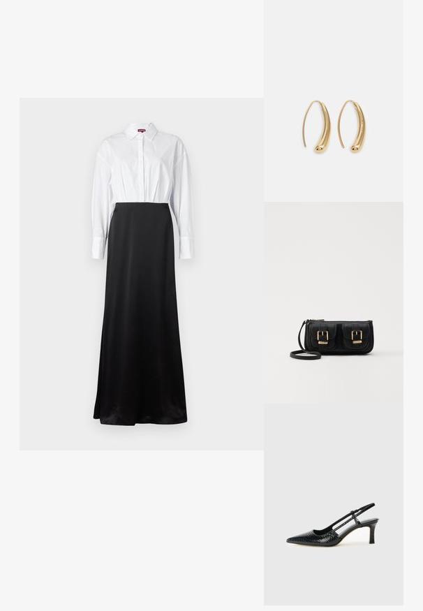 Vit skjorta med lång ärm i kombination med en svart satinmaxikjol, vilket skapar en tvåfärgad, lager-på-lager-design.; Svart lackskin slingback-häl med spetsig tå, med texturerad ormskinnsprint, justerbar rem och en kort, texturerad blockklack.; Svart läderaxelväska med två framfickor, guldspännen, dragkedjestängning och en smal rem. Texturerad yta och kompakt rektangulär form.; Guldtonade metallörhängen i en kurvad, avlång form. Har en slät, glänsande yta och en rundad spets för en extra detalj.