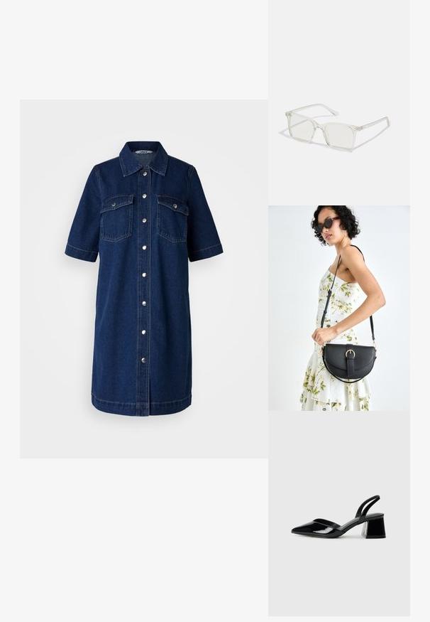 Traper haljina u tamnoplavoj boji, s kratkim rukavima, prednjim zatvaranjem na dugmad, dva džepa na prsima i srebrenim detaljima.; Crne lakirane kožne sandale s otvorenom petom i špicastim vrhom, s geometrijskom blok petom. Imaju elegantan, minimalistički dizajn i glatku teksturu.; Prozirne plastične naočale kvadratnog okvira s prozirnim lećama, koje sadrže zlatne akcentne detalje na drškama.; Crna kožna torba s lukovitim oblikom, odvojivim remenom i zlatnim detaljima. Torba ima preklop s kopčom.