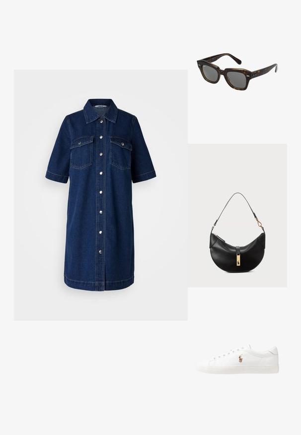 Vestido de camisa em denim azul escuro, com mangas curtas, fecho frontal com botões, dois bolsos no peito e detalhes em metal prateado.; Sapatilhas de couro brancas, design de cano baixo, com textura suave, biqueira redonda, atacadores à frente e um pequeno logótipo bordado na lateral.; Óculos de sol retangulares com armação de plástico em padrão tartaruga, lentes escuras e detalhes em prata nas laterais. Fabricado na Itália.; Bolsa de couro preto em forma de meia-lua. Apresenta um detalhe em metais dourados e uma alça estreita. Textura suave, fechamento em zíper na parte superior.; Brincos de pressão em tom dourado com um design torcido. Cada brinco possui uma base circular transparente para um uso seguro.