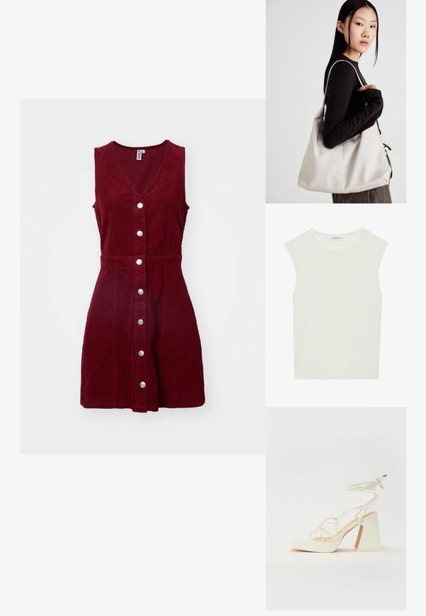 ONLY ONLMOXIE DRESS - Dienas kleita - cabernet; Balts bez piedurknēm tops ar apaļu kakla izgriezumu. Izgatavots no gludas auduma, tam ir brīvs piegriezums un minimālistisks dizains. Nav nekādas rakstainības vai akcentu.; Baltas augstpapēžu sandales ar masīvu papēdi, ar siksnu dizainu un potītes saistītiem elementiem. Gluda tekstūra ar platformu priekšpusē, lai nodrošinātu papildu augstumu.; Bežs rokassoma, izgatavota no mīksta materiāla, ar brīvu dizainu, izšūtu apdari un divām plecu siksnām. Piemērota ikdienas lietošanai.