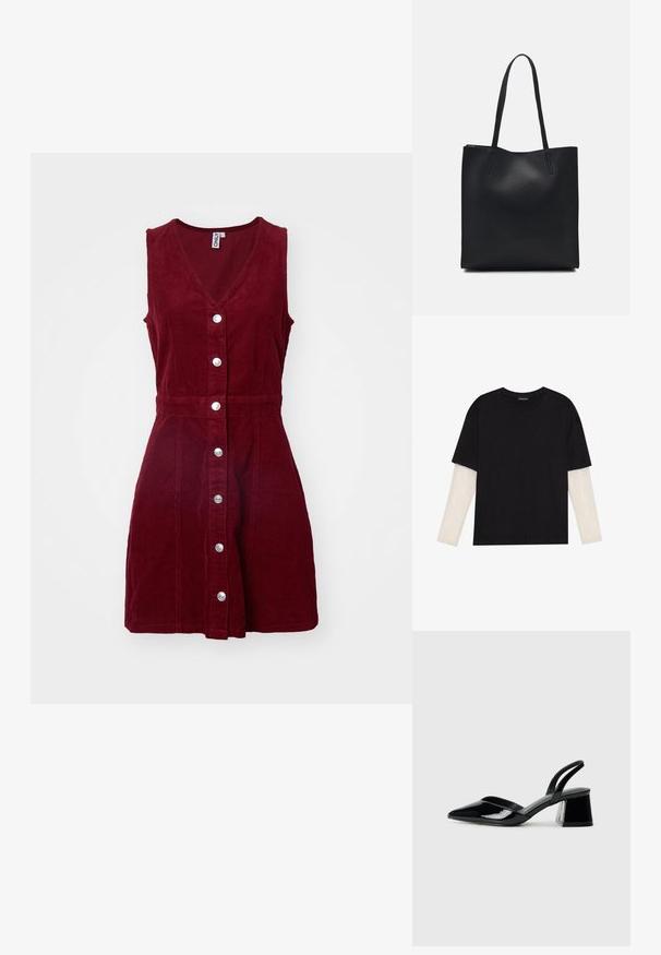 ONLY ONLMOXIE DRESS - Dienas kleita - cabernet; Melna kokvilnas T-kreklu ar īsām piedurknēm, virs baltas garām piedurknēm ar smalku teksturētu rakstu. Apaļas kakla izgriezuma dizains.; Melna lakota āda ar atvērto papēdi, ar smailu purngalu un ģeometrisku blokpapēdi. Iezīmējas elegants, minimāls dizains un gluda tekstūra.; Melnas ādas somiņa ar gludu tekstūru, taisnstūra formu un divām garām rokturiem. Nav redzamu aparatūras vai rotājumu.