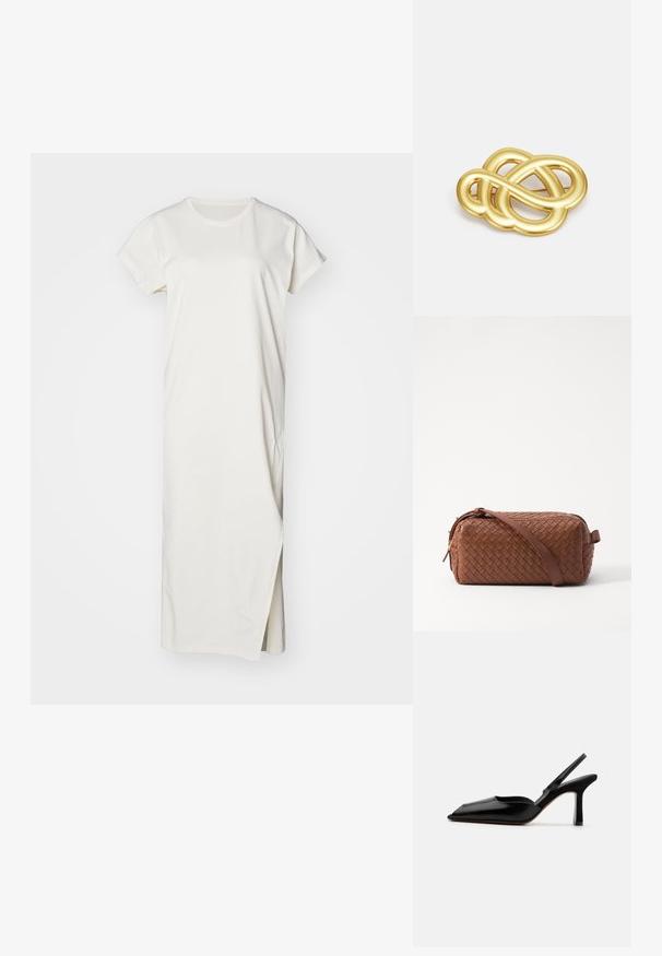 Valkoinen, lyhythihainen mekko, joka on valmistettu puuvillasta. Mekossa on suora siluetti ja sivuhalkio, joka helpottaa liikkuvuutta. Pinta on sileä.; Mustasilkki slingback-korkokengät, joissa on terävä kärki, minimalistinen muotoilu, ohut nilkkaremmi ja tyylikäs stiletto-korko. Silkkinen pinta.; Ruskea kudottu nahkalaukku suorakaiteen muotoisena, sileällä pinnalla, vetoketjulla ja olkahihnalla. Varustettu sivukahvalla ja kultaisilla yksityiskohtilla.; Kultasävyinen rinnaneula, jossa on solmittu muotoilu, sileät, kaarevat viivat ja monimutkainen muoto, heijastaen kiiltävää pintaa.