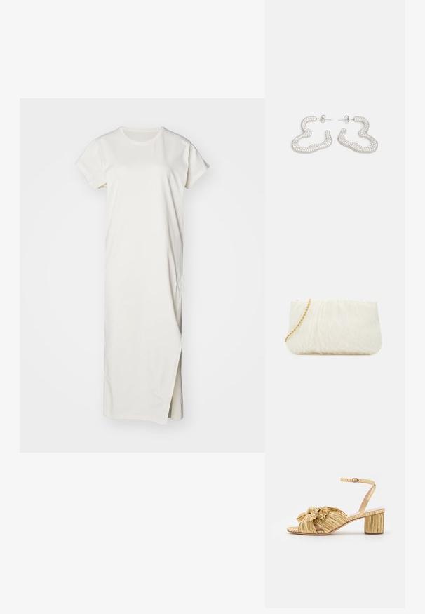 Balta medvilninė suknelė trumpomis rankovėmis, tiesaus silueto, su šoniniu įpjovimu, užtikrinančiu patogumą judant. Sklandi tekstūra.; Auksinės kulno šlepetės su tekstūruotu, klostuotu dizainu ir išsiskiriančia kaspino detale. Kulkšnies dirželis su reguliuojamu sagtimi, vidutinio dydžio blokinis kulnas.; Balta tekstūruota sankabos rankinė su susiraukšlėjimo dizainu, turinti auksinę grandinėlę. Lygaus paviršiaus su subtiliomis bangomis ir suapvalintais kraštais.; Sidabrinės auskarai su banguota, abstrakčia forma, papuošta mažais, žėrinčiais kristalais. Patikimas užsegimas su kištukiniu uždarymu.