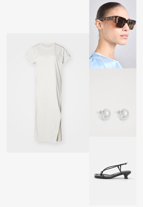 Fehér, rövid ujjas pamutruha, egyenes vonalvezetéssel, oldalsó hasítékkal a könnyű mozgás érdekében. Simaszerkezet.; Fekete bőr szandál vékony pántokkal, alacsony blokk sarkú és négyzetes orrú. Csattal záródik és sima textúrájú.; Tortakártyás napszemüveg vastag, téglalap alakú kerettel. Sötét lencsék és arany színű díszítések a szárakon. Simító, fényes felület.; Ezüst gyöngy fülbevalók, ívelt, bab forma. Simább, fényes felület és rögzített kapocs és hátlap.