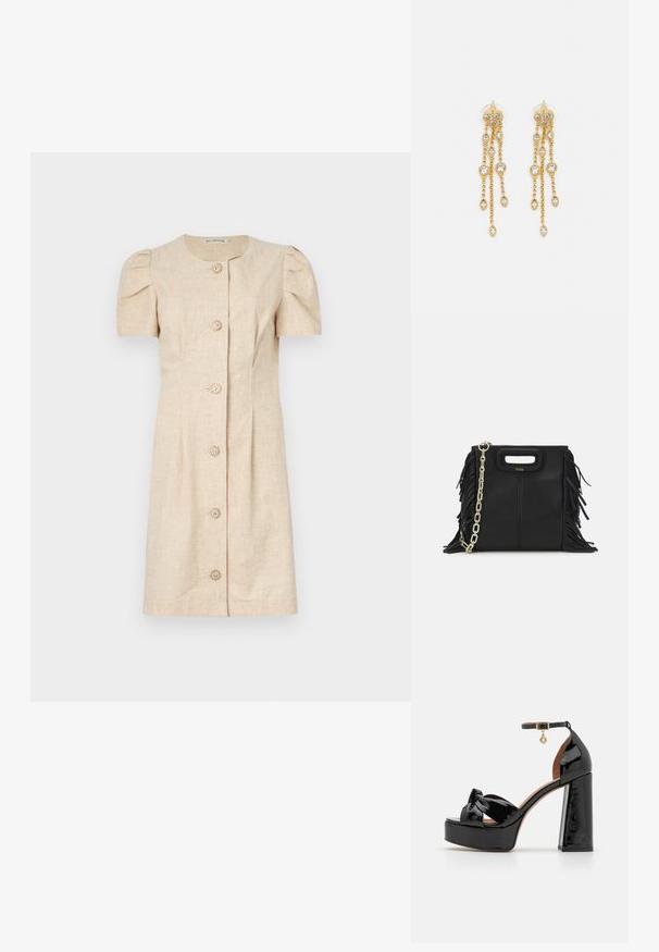 Lyhythihainen beige mekko suoralinjaisella leikkauksella, jossa on puffihihat, pyöreä kaula-aukko ja viisi koristepainiketta edessä.; Maje Korolliset sandaalit - noir; Musta nahkakäekott, millel on frantsiisidetailid, kuldne õlgade rihm ja lõikega käepide. Ees on logo paigutus.; Kultaketjua roikkuvat korvakorut, joissa on useita putoavia ketjuja, ja selkeitä ovaaleja rhinestone-akselteja sekä koristeelliset niittitoppaukset.