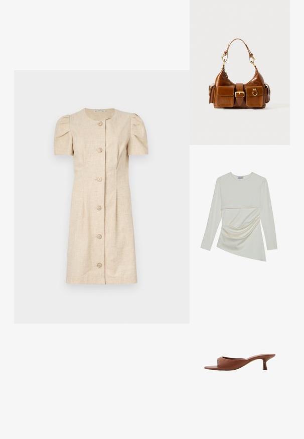 Short-sleeve beige dress with a straight cut, featuring puffed sleeves, a round neckline, and five decorative buttons down the front.; Long-sleeve cream top with a round neckline, featuring a layered design and gathered detail on the lower section. Soft fabric with a smooth texture.; Brown open-toe heeled mules with a smooth, matte finish, featuring a curved design and a transparent, tapered heel.; Brown leather handbag with a curved shape, dual gold-tone hardware, two front pockets, and a wide strap. Smooth texture with a sleek finish.