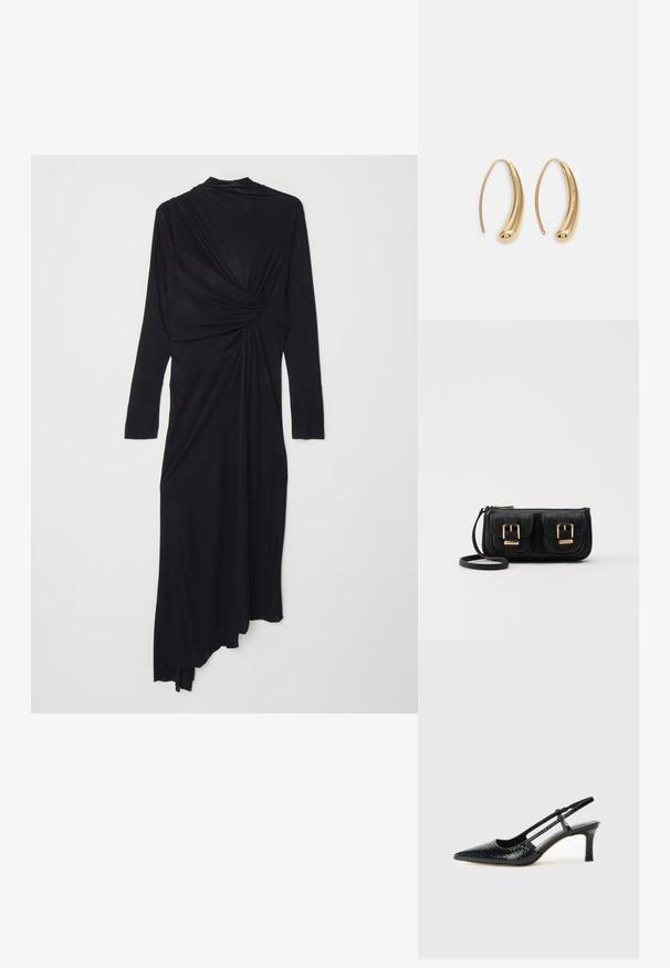 Black long-sleeve dress with a draped design, featuring a twist detail at the waist and a flowing asymmetrical hem. Soft fabric texture.; Black patent slingback heel with a pointed toe, featuring textured snake print, adjustable strap, and a short, textured block heel.; Black leather crossbody bag with two front pockets, gold buckles, zipper closure, and a slim strap. Textured surface and compact rectangular shape.; Gold-tone metal hoop earrings with a curved, elongated shape. Features a smooth, shiny surface and a rounded tip for added detail.