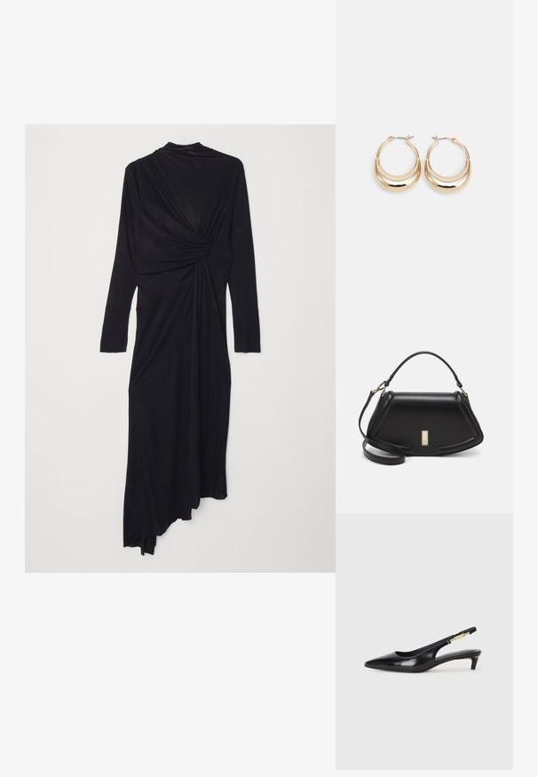 Black long-sleeve dress with a draped design, featuring a twist detail at the waist and a flowing asymmetrical hem. Soft fabric texture.; Black leather slingback heels with a pointed toe, featuring a slim heel and a gold-tone accent on the adjustable strap. Smooth texture.; Black leather handbag with a structured design, featuring a cropped shape, top handle, and gold hardware accent. Adjustable shoulder strap included.; Gold-toned hoop earrings with a crescent shape, polished surface, and hinge closure. Smooth texture and reflective finish enhance visibility.