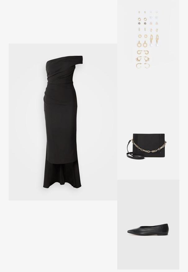 Šaty bez ramienok v čiernej farbe z hladkej tkaniny, s riasením na korzete, priliehajúcim pásom a rozšírenou sukňou s miernym vlečkom.; Čierne kožené baletky, špicatý špička, minimalistický dizajn, hladká textúra, nízky podpätok, bez viditeľných prvkov alebo ozdôb.; Čierna kožená crossbody taška s hladkou textúrou, obdĺžnikovým tvarom a kovovým reťazovým detailom na prednej strane. Súčasťou je nastaviteľný popruh.; Súprava náušníc v zlatom odtieni obsahujúca rôzne dizajny, vrátane puzetových, kruhových a visiacich kúskov s perlami a rhinestones.