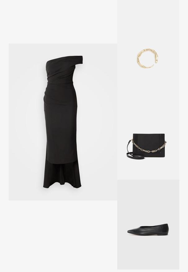 Haljina bez naramenica crne boje od glatke tkanine, sa naborima na tijelu, uskim strukom i raširenom suknjom s blagim repom.; Crne kožne balerinke, uski vrh, minimalistički dizajn, glatka tekstura, niska peta, bez vidljivih dodataka ili ukrasa.; Crna kožna torba preko tijela s glatkom teksturom, pravokutnim oblikom i metalnim lancem na prednjoj strani. Uključena je podesiva naramenica.; Prsten u zlatnoj nijansi s organskim, uvijenim dizajnom, glatkom teksturom i suženim krajevima, koji stvara moderan, skulpturalni izgled.