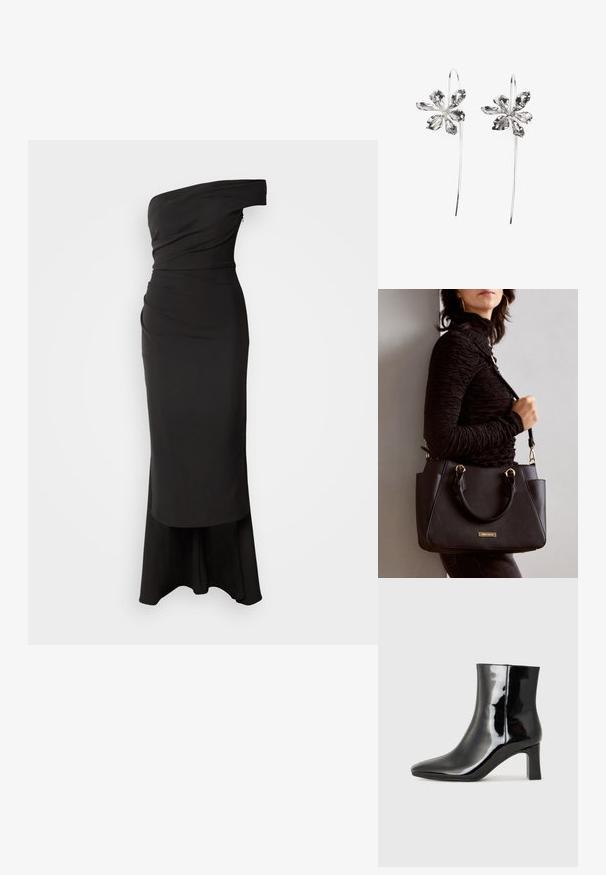 Bezramenné černé šaty z hladké látky, s nařasením v oblasti poprsí, přiléhavým pasem a rozšířenou sukní s mírným vlečkou.; Černé lakované kotníkové boty s špičatou špičkou a středně vysokým blokovým podpatkem. Hladká textura a minimalistický design.; Černá kabelka s texturovaným povrchem, dvojitými horními uchy a nastavitelným ramenním popruhem. Obsahuje zlaté kovové prvky a boční kapsy.; Stříbrné naušnice ve tvaru květiny s texturovaným povrchem, které mají dlouhé háčky a detaily v podobě okvětních lístků pro složitý design.