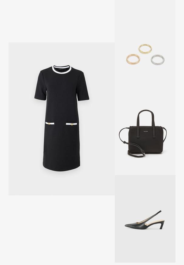 Musta polvipituinen mekko, jossa on pyöreä pääntie, lyhyet hihat, kaksi etutaskua valkoisilla ja kultaisilla yksityiskohdilla sekä sileä kangas.; Musta, kärjeltään terävä slingback-kengä, jossa on matala korko. Kengässä on sileä nahkamateriaali ja sivuilla leikkaukset hengittävyyttä varten.; Musta käsilaukku, jossa on kaksinkertaiset lyhyet kahvat ja irrotettava olkahihna. Silkkinen nahkatunneinen materiaali, jossa on vetoketjukiinnitys ja logoyksityiskohta.; Kolme metallirengasta: yksi ruusukultainen, yksi kultainen teksturoiduilla yksityiskohdilla ja yksi hopeinen, kaikki kaiverretulla brändäyksellä sisäpuolella.