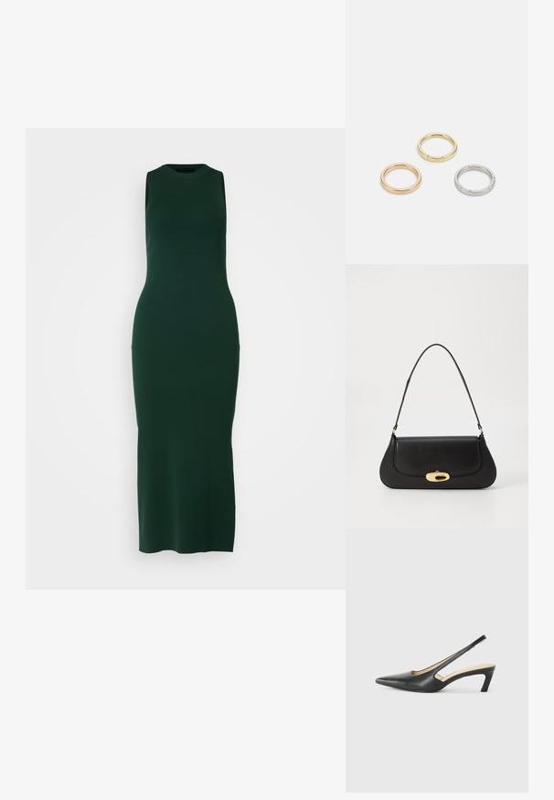 DRYKORN ELYNA - Trikoomekko - green; Musta, kärjeltään terävä slingback-kengä, jossa on matala korko. Kengässä on sileä nahkamateriaali ja sivuilla leikkaukset hengittävyyttä varten.; Musta nahkainen käsilaukku, jossa on kaareva muotoilu, kultasävyiset yksityiskohdat ja yläkahva. Sisältää tyylikkään sulkijan ja sileän pinnan.; Kolme metallirengasta: yksi ruusukultainen, yksi kultainen teksturoiduilla yksityiskohdilla ja yksi hopeinen, kaikki kaiverretulla brändäyksellä sisäpuolella.