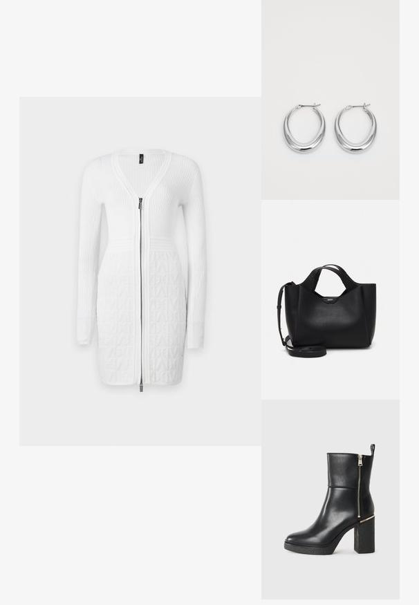 White knitted dress with a zip front, featuring ribbed texture on sleeves and a patterned lower section. Simple, fitted design throughout.; Black ankle boot made of smooth leather, featuring a side zipper and a textured block heel. Slip-on design with a rounded toe.; Black leather handbag with textured finish, angular shape, dual handles, and an adjustable shoulder strap. Features a DKNY logo accent.; Pair of polished silver crescent hoop earrings with hinged clasps on a white background.